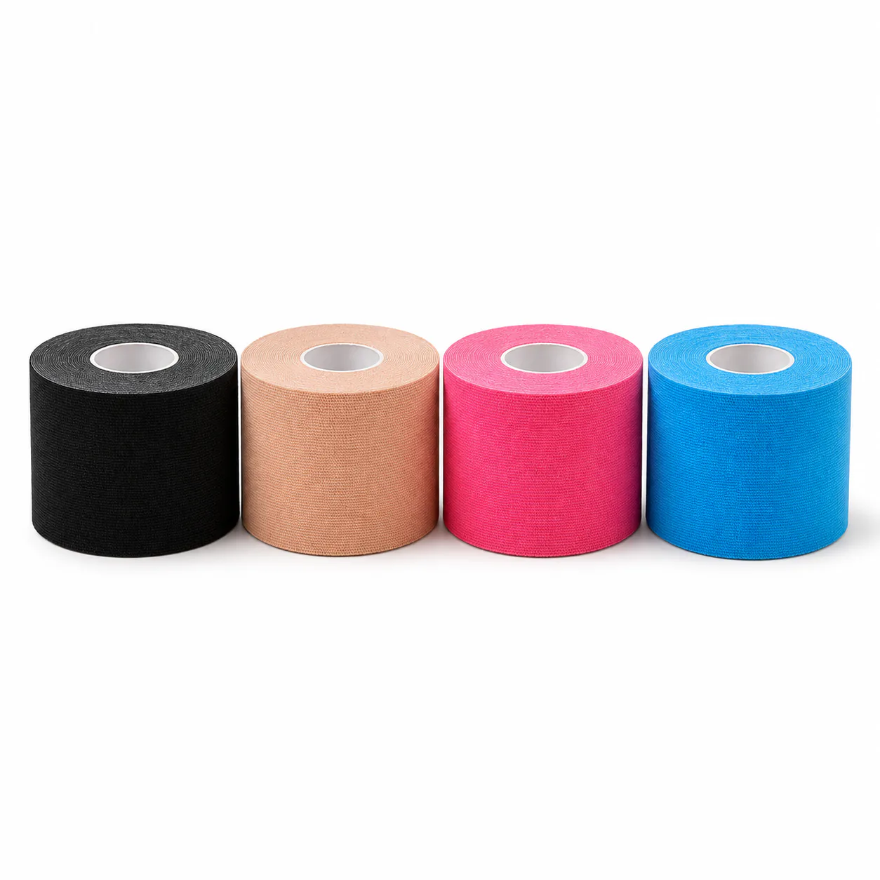 Rolos de fita kinesio nas cores preta, bege, rosa e azul