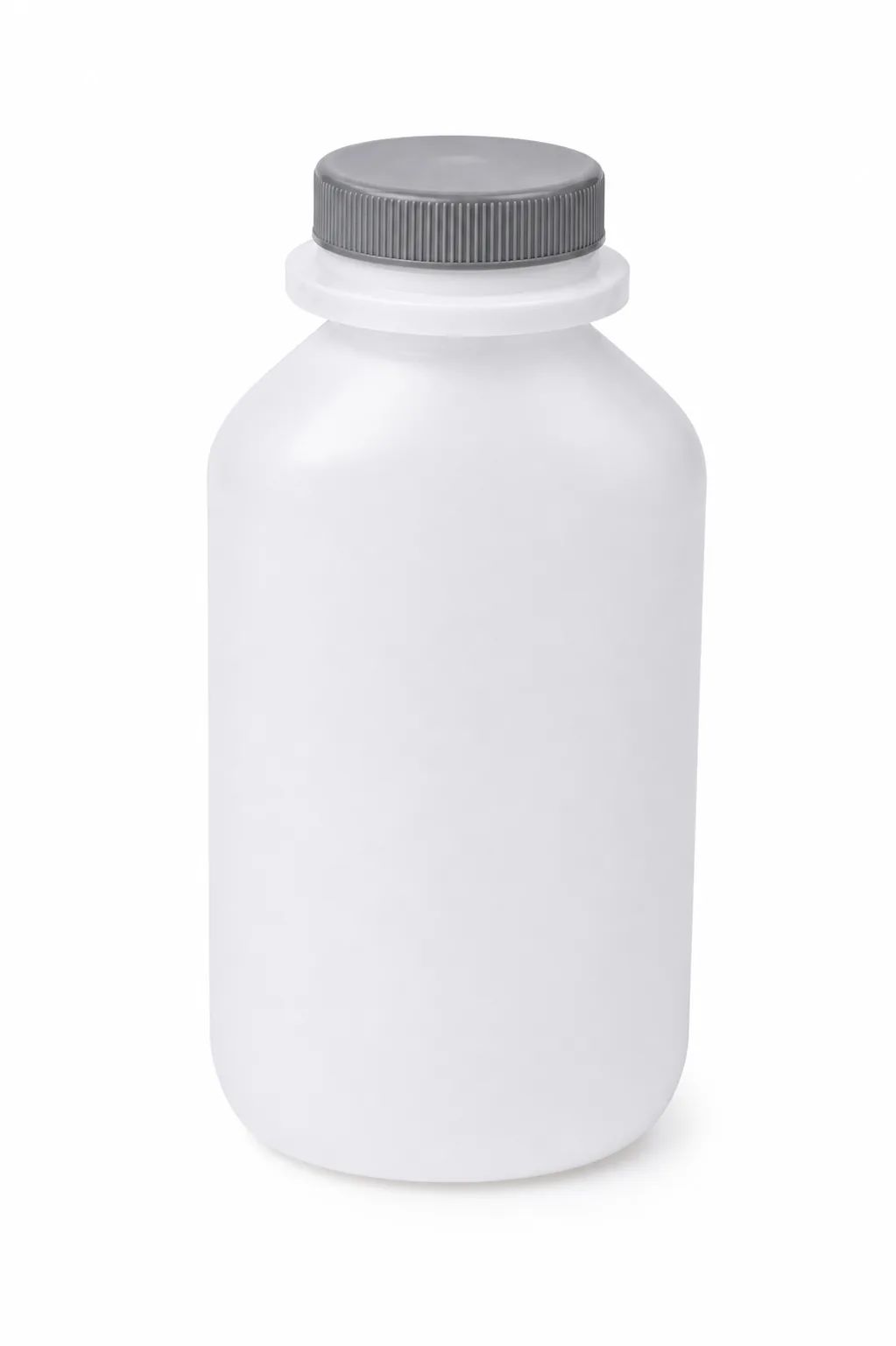 Frasco plástico branco para nutrição enteral com tampa cinza