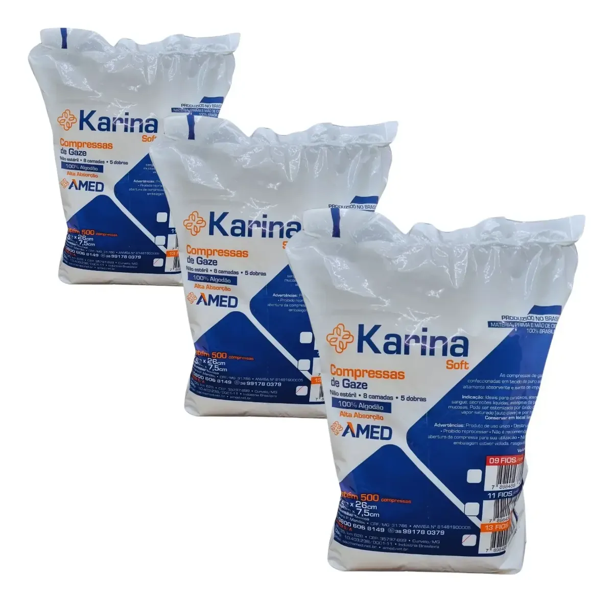 Pacote de compressas de gaze Karina com 500 unidades