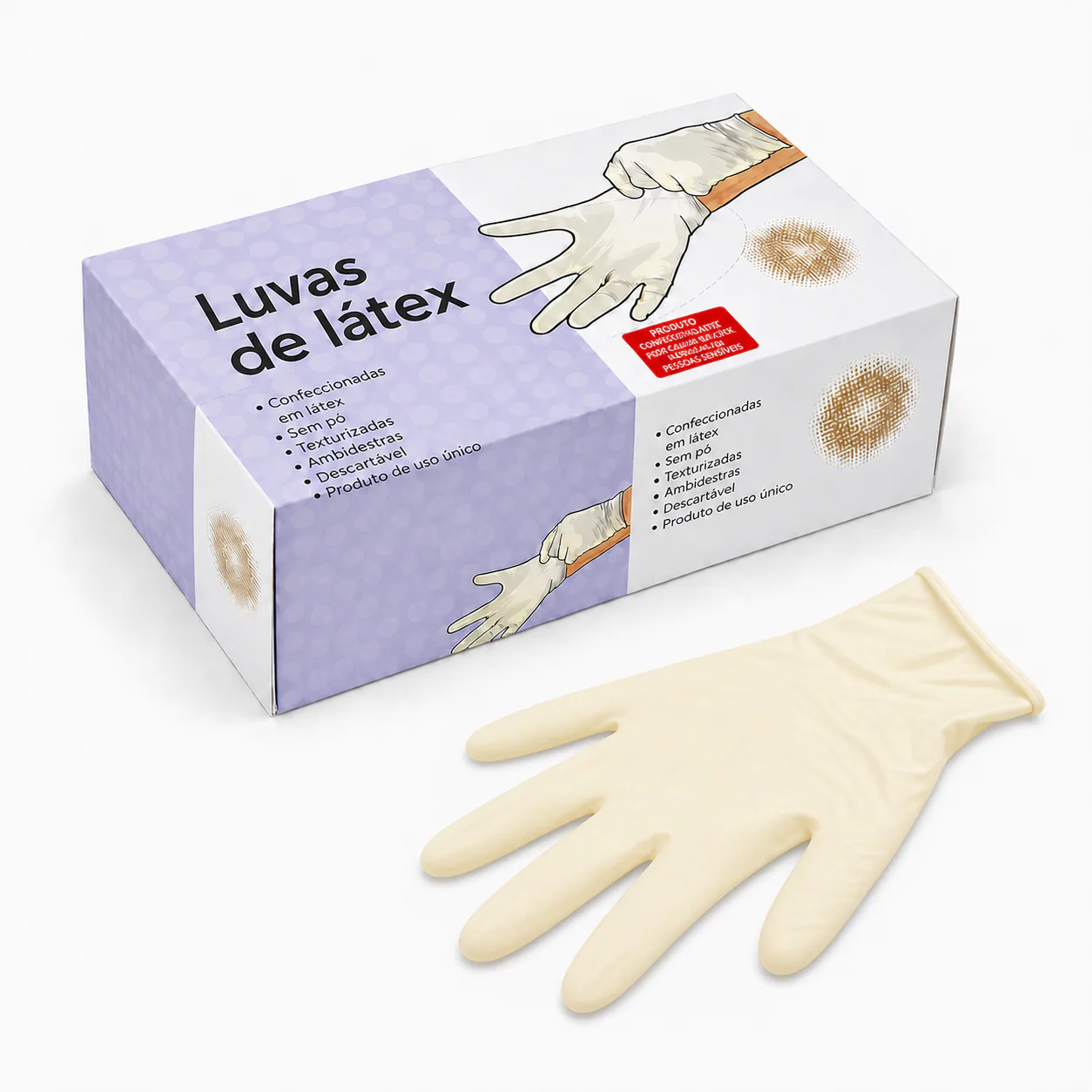 Caixa genérica e luva descartável de látex amarelada