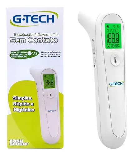 Termômetro infravermelho sem contato G-Tech Easy Sensor ao lado da caixa do produto