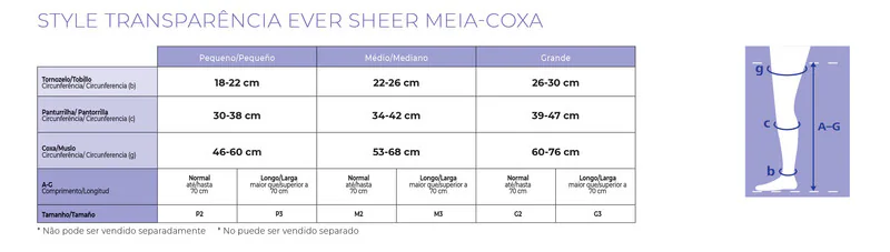 Tabela de medidas Sigvaris Style Transparência Ever Sheer Meia-calça · Unissex