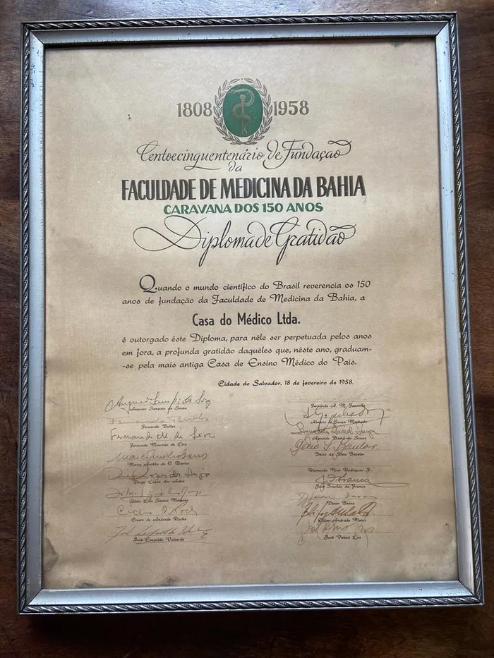 Diploma de gratidão concedido à Casa do Médico em 1958
